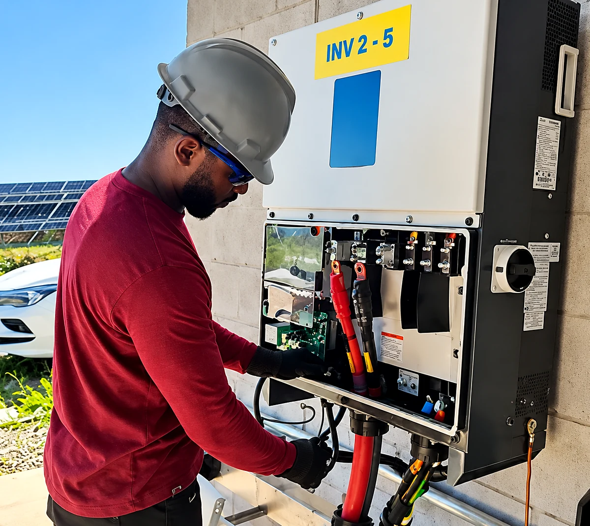 Técnico realizando avaliação em inversor de usina solar