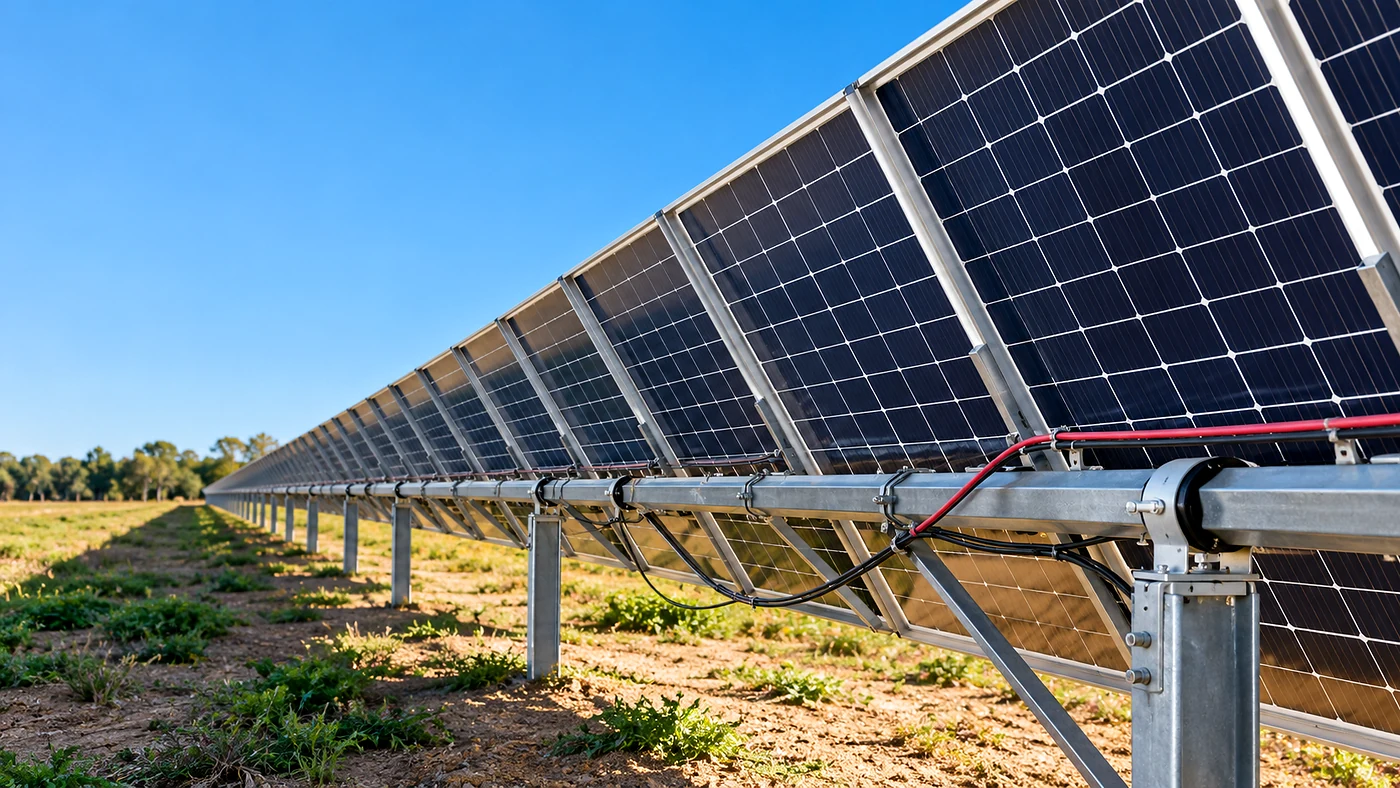 Estrutura de painéis solares em usina fotovoltaica