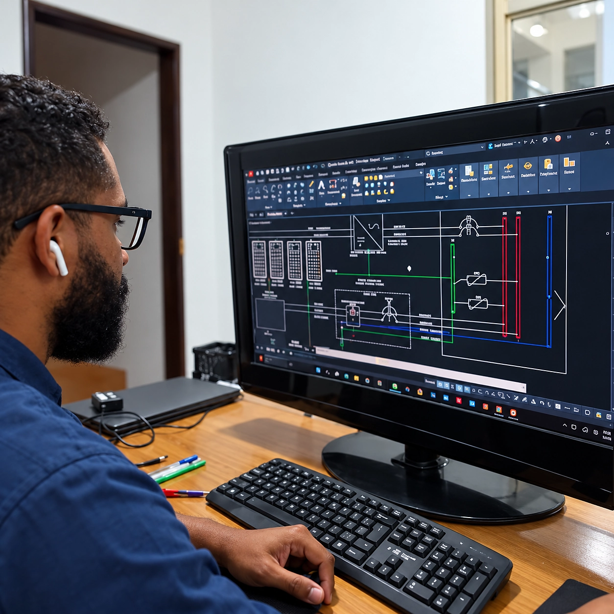 Profissional da Méson analisando projeto elétrico em computador